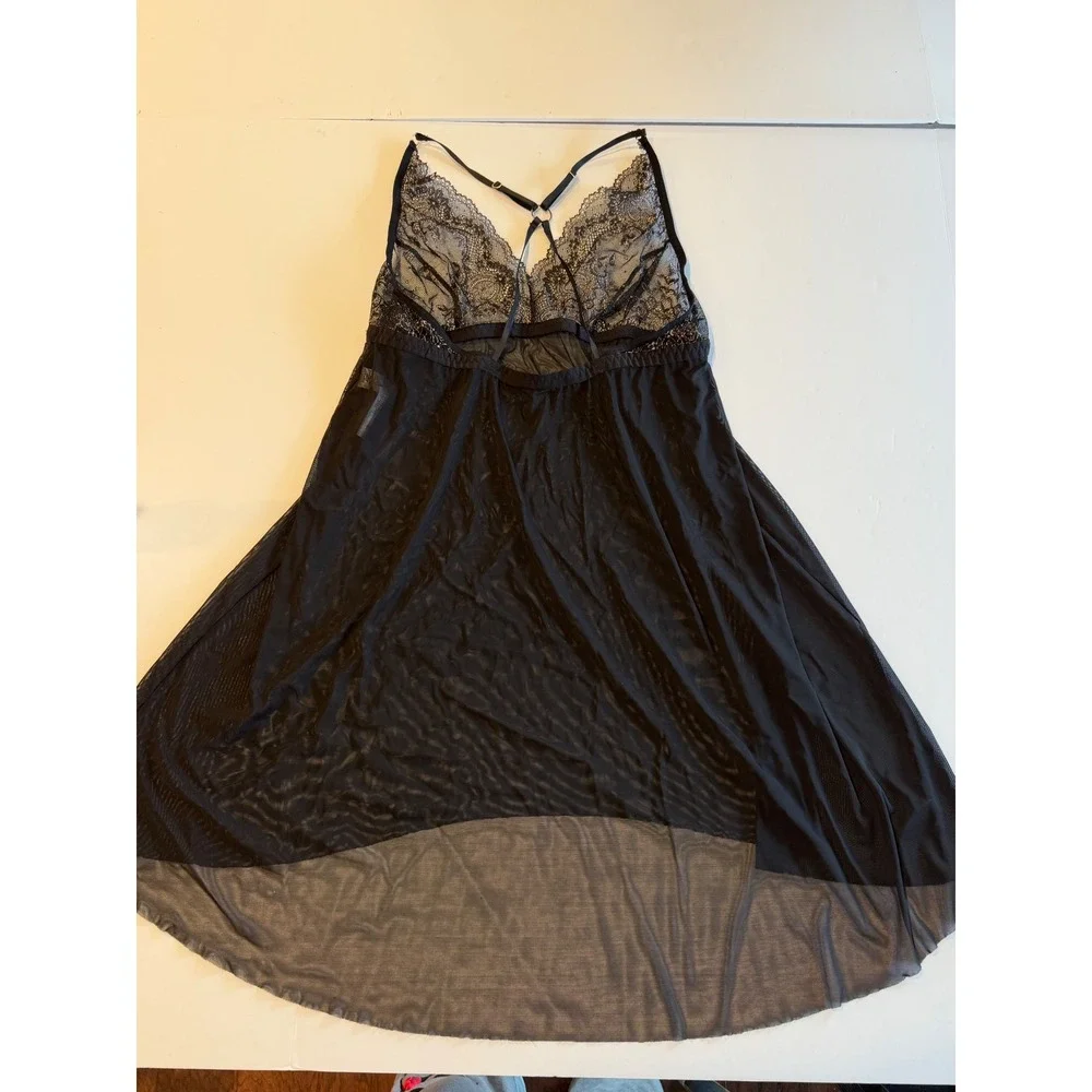 Hanky Panky Black Mesh Lace Babydoll Chemise Gold Metallic High Low Lingerie L L